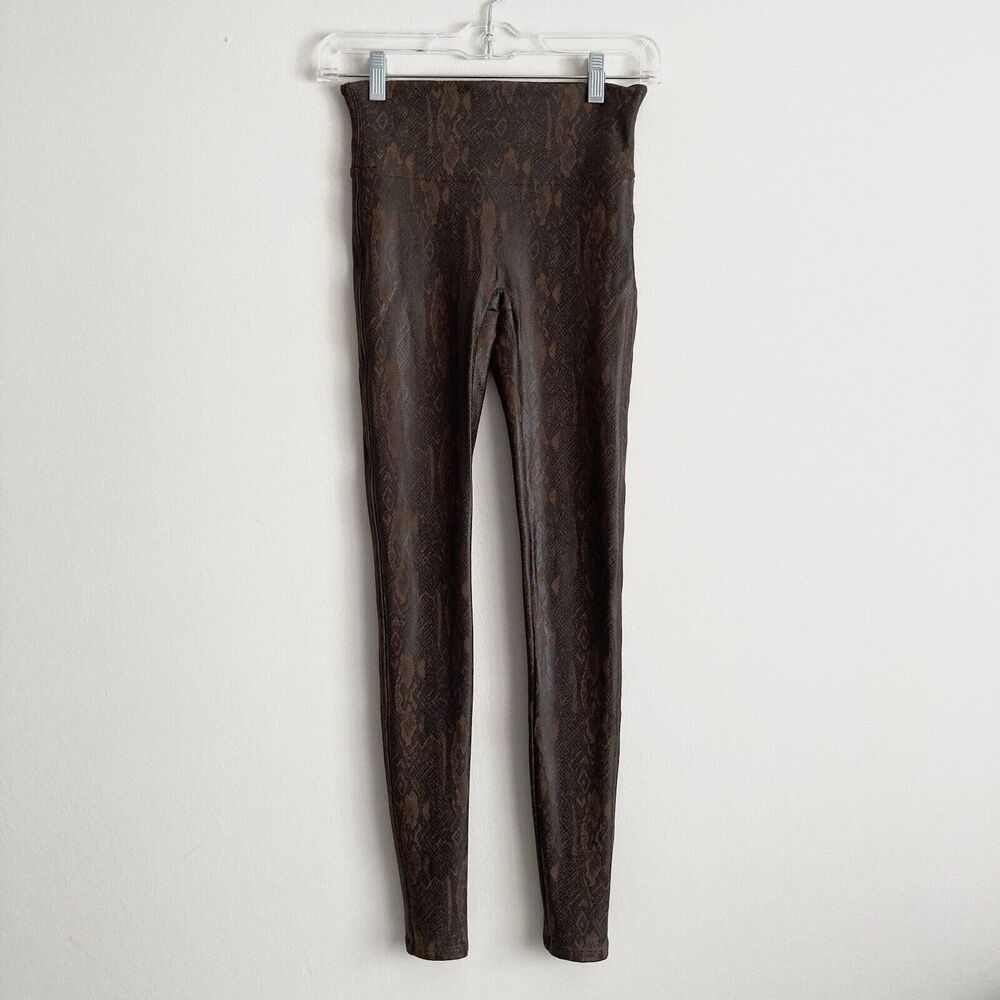 Spanx Leggings Faux Leather Snakeskin Print Brown Pull On Womens Size Small